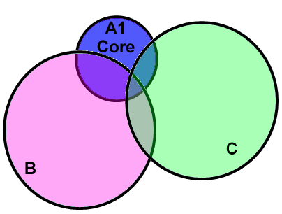 Assertion sets B and C partially overlap each other and core assertions A1.